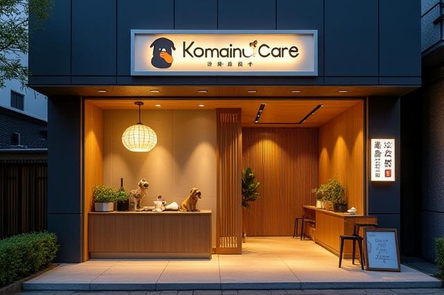 狛犬ケアの店舗外観、温かい光が漏れる