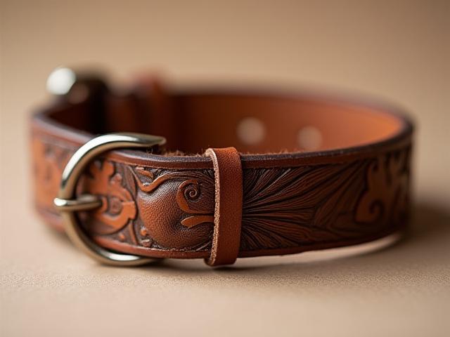 狛犬の彫刻が施された上質な革製首輪