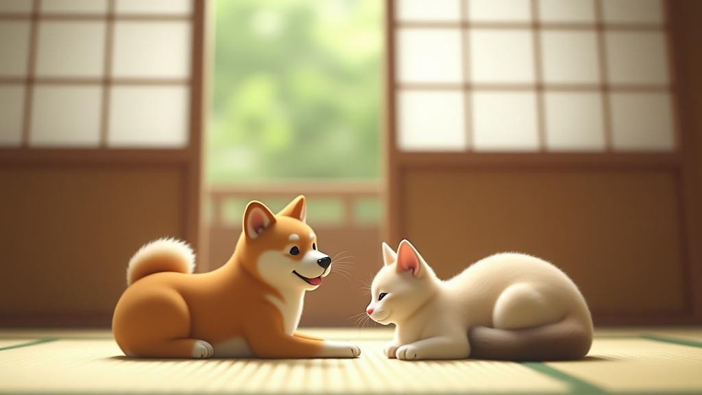 日本の伝統的な家屋の中の猫と犬